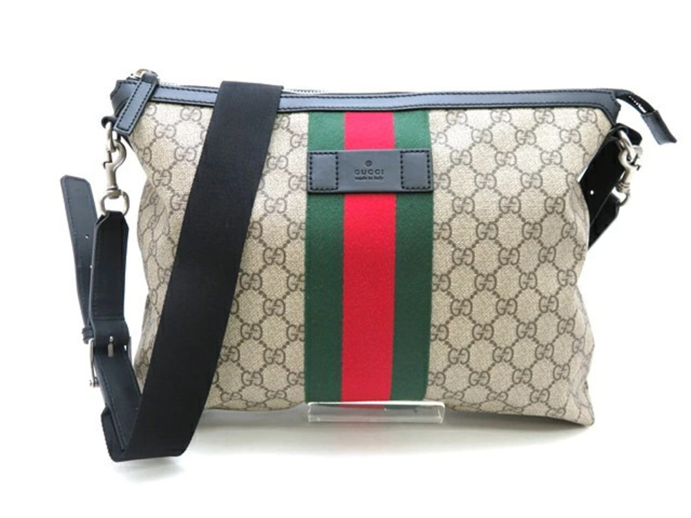 Gucci GG Supreme Messenger Bag Canvas Calfskin Beige Cream Red Green